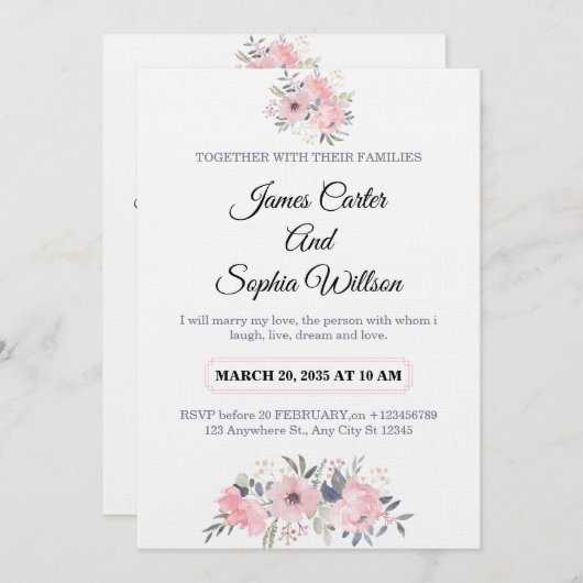 Classy Floral Wedding Invitation elegant card Einladung (Vorne/Hinten)