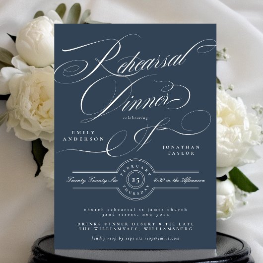 Classy Formal Navy Blue Hochzeit Probe Dinner Einladung