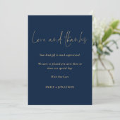 Classy Foto Hochzeit Liebe dank Script Navy Gold Karte (Stehend Vorderseite)