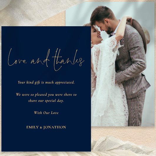 Classy Foto Hochzeit Liebe dank Script Navy Gold Karte