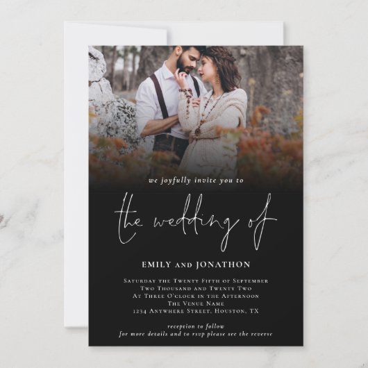 Classy Foto QR Code Skript Hochzeit Black Einladung (Vorderseite)
