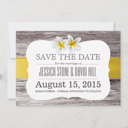 Classy Frangipani Blume Holz Save the Date (Vorderseite)