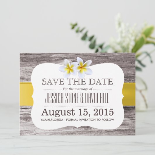 Classy Frangipani Blume Holz Save the Date (Stehend Vorderseite)