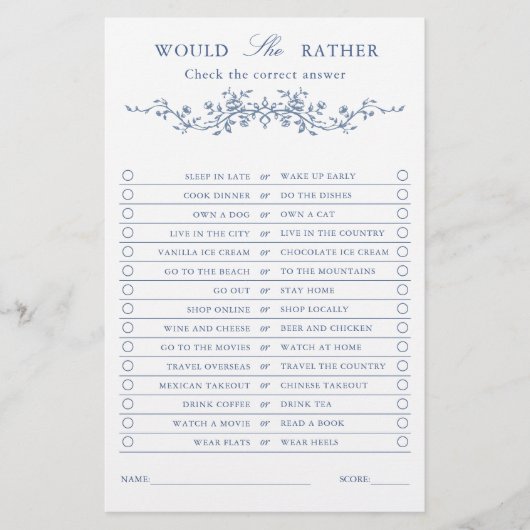 Classy French Blue Floral "Wollt ihr lieber" Spiel (Vorderseite)