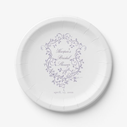Classy French Lavender Floral Crest Bridal Shower Pappteller (Vorderseite)