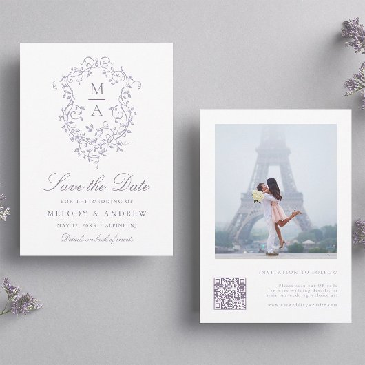 Classy French Lavender Floral Crest Wedding Photo Save The Date
