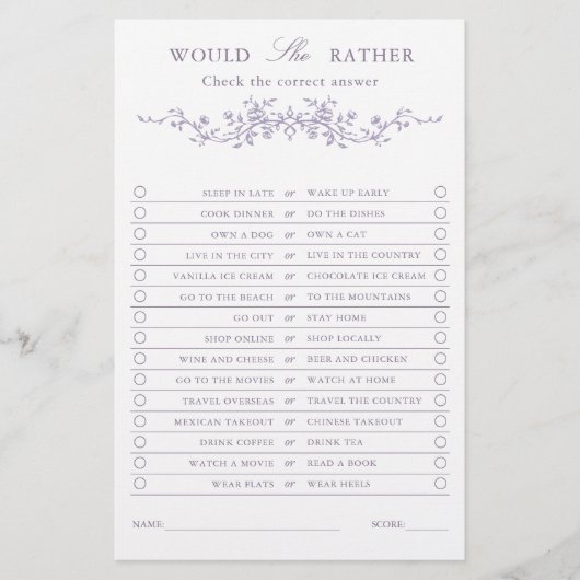 Classy French Lavender 'Would She Rather' Game  (Vorderseite)