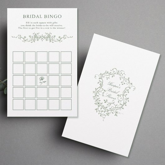 Classy French Sage Green Floral Bridal Bingo Spiel