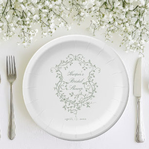 Classy French Sage Green Foral Wappen Brautparty Pappteller