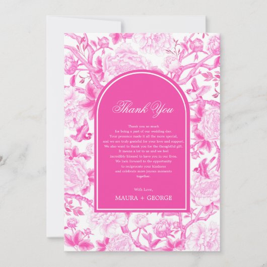 Classy Fuchsia Pink Chinoiserie Wedding Foto Dankeskarte (Vorderseite)