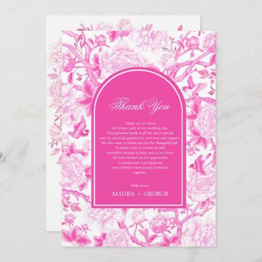 Classy Fuchsia Pink Chinoiserie Wedding Foto Dankeskarte (Vorne/Hinten)