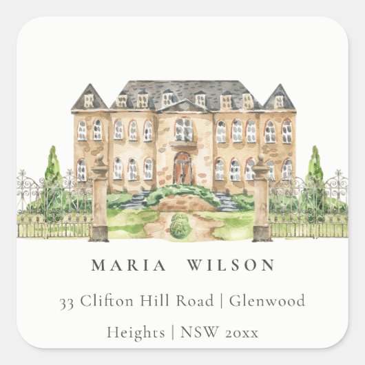 Classy Garden Chateau Manor Wasserfarbenadresse Quadratischer Aufkleber (Vorderseite)