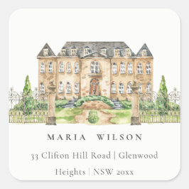 Classy Garden Chateau Manor Wasserfarbenadresse Quadratischer Aufkleber