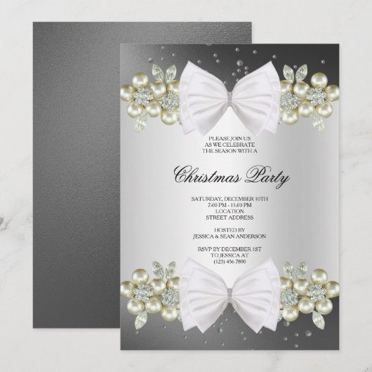 Classy Gemes & Bow Black Christmas Einladung (Vorne/Hinten)