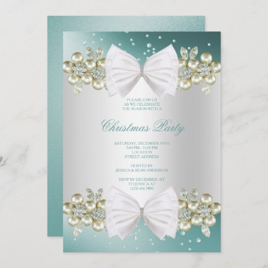 Classy Gems & Bow Aquamarine Weihnachten Einladung (Vorne/Hinten)