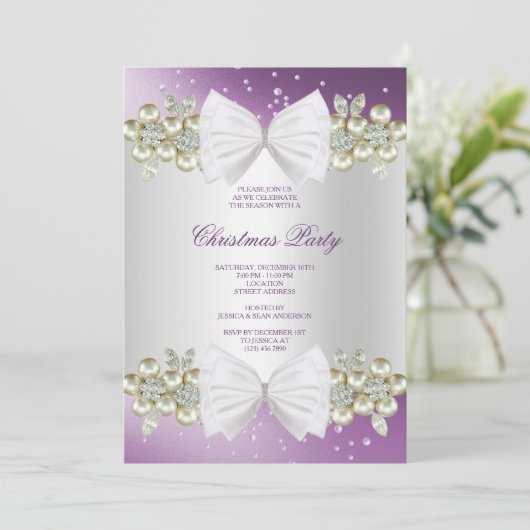 Classy Gems & Bow Lila Weihnachten Einladung (Stehend Vorderseite)