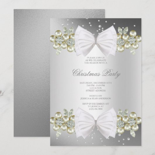 Classy Gems & Bow Silver Weihnachten Einladung (Vorne/Hinten)