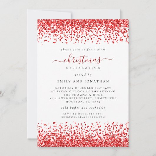 Classy Glam Roter Glitzer Weihnachts-Party White Einladung (Vorderseite)