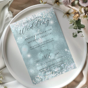 Classy Glamour Blue Glitzer Foto Wedding Einladung