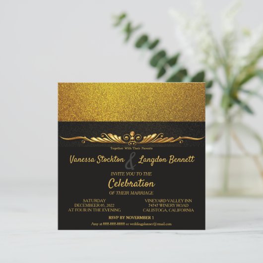 Classy Glitzy Gold Wedding Einladung (Stehend Vorderseite)