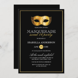 Classy Gold & Black Masquerade Sweet 16 Party Einladung
