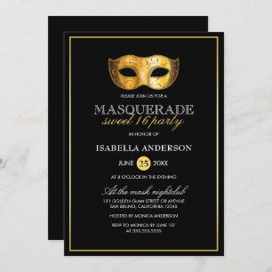 Classy Gold & Black Masquerade Sweet 16 Party Einladung