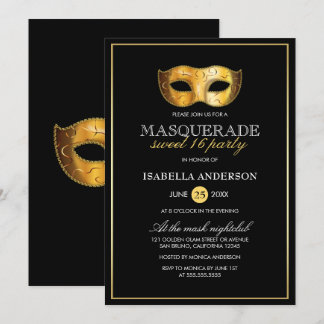 Classy Gold & Black Masquerade Sweet 16 Party Einladung