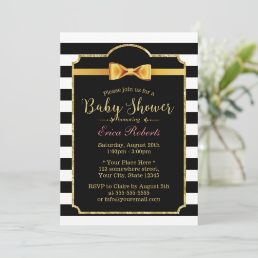 Classy Gold Bow Krawatte Moderne Stripes Babydusch Einladung (Stehend Vorderseite)