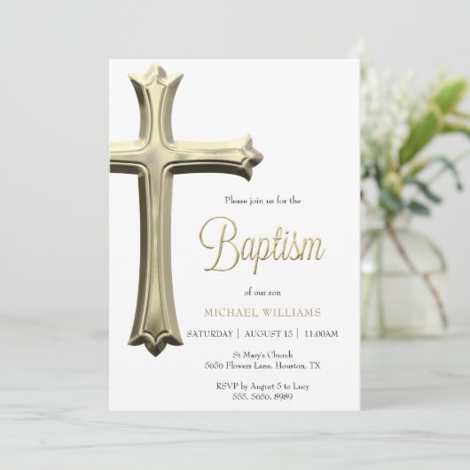 Classy Gold Cross Taufe Einladung (Stehend Vorderseite)