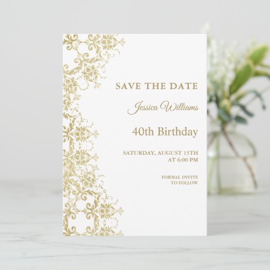 Classy Gold Damask 40. Geburtstag Save The Date (Stehend Vorderseite)