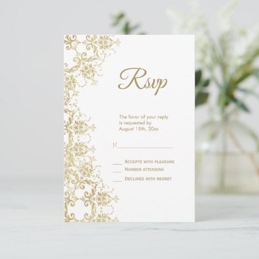 Classy Gold Damask Geburtstag RSVP Karte (Stehend Vorderseite)