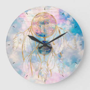 Classy Gold Dreamcatcher Rainbow Wolken Sky Design Große Wanduhr