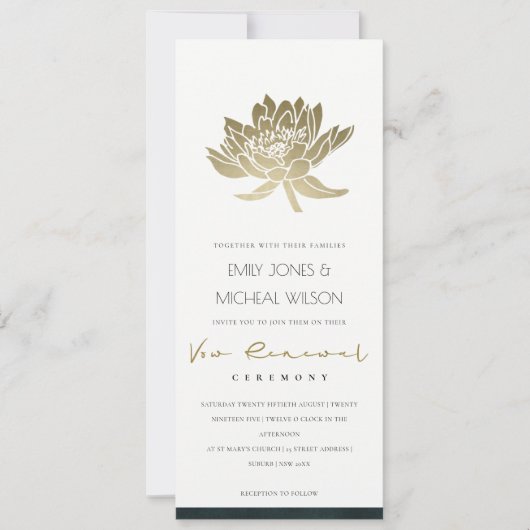 Classy Gold Emerald Green Lotus Floral Vow Renewal Einladung (Vorderseite)
