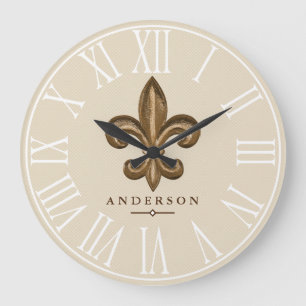 Classy Gold Fleur de Lis & Taupe Personalized Große Wanduhr