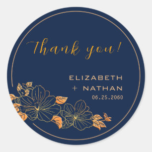 Classy Gold Floral Navy Blue Hochzeit Vielen Dank Runder Aufkleber