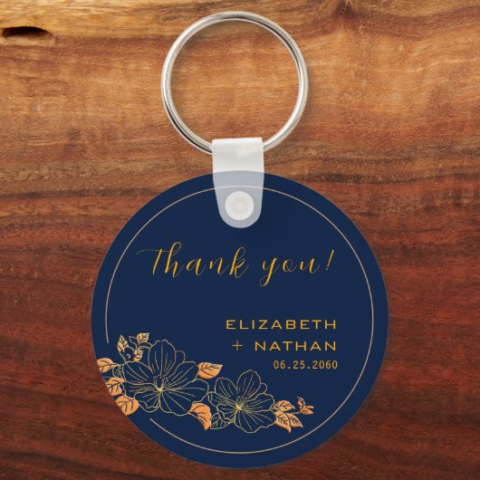 Classy Gold Floral Navy Blue Hochzeit Vielen Dank Schlüsselanhänger (Vorderseite)