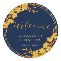 Classy Gold Floral Navy Blue Wedding Willkommen