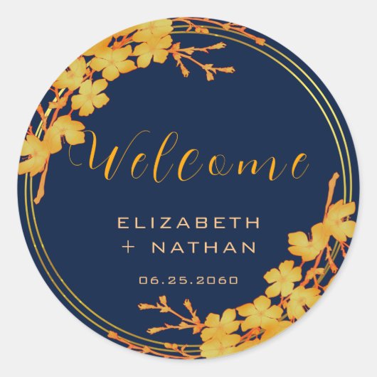 Classy Gold Floral Navy Blue Wedding Willkommen Runder Aufkleber (Vorderseite)