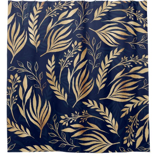Classy Gold Foliage Botanical Blue Design Duschvorhang (Vorderseite)