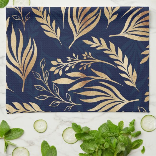Classy Gold Foliage Botanical Blue Design Geschirrtuch (Gefaltet)