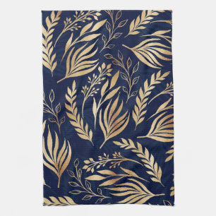 Classy Gold Foliage Botanical Blue Design Geschirrtuch