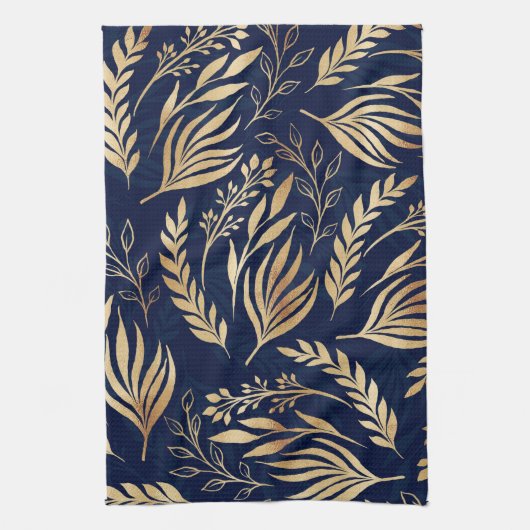 Classy Gold Foliage Botanical Blue Design Geschirrtuch (Vertikal)