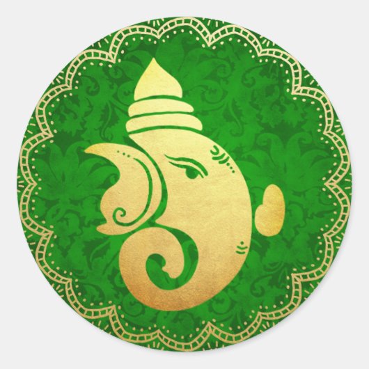 Classy Gold Ganapati Indian Hindu God Green Runder Aufkleber (Vorderseite)