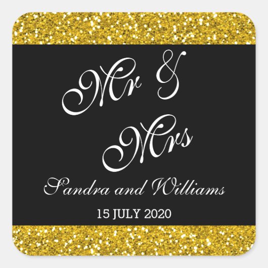 Classy Gold Glitzer und Black Mr & Mrs. Wedding Quadratischer Aufkleber (Vorderseite)