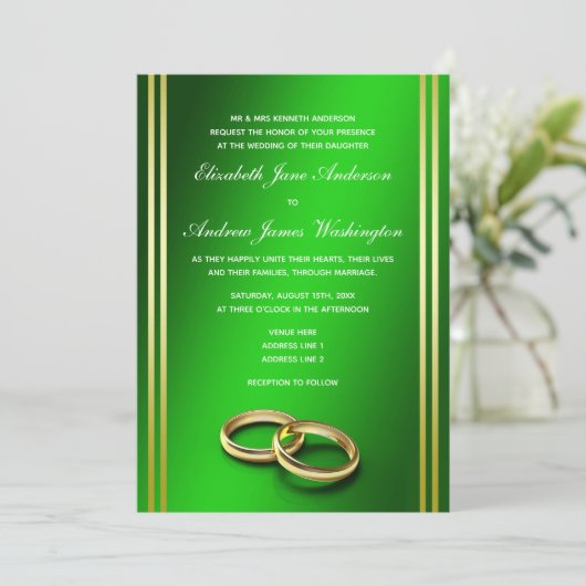 Classy Gold & Green, Hochzeiten Einladung (Stehend Vorderseite)