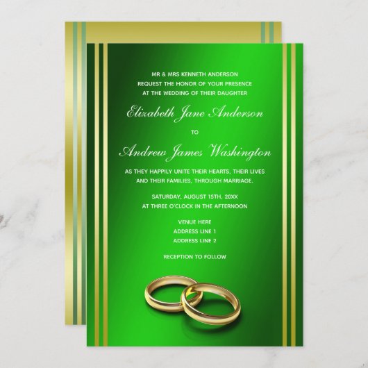 Classy Gold & Green, Hochzeiten Einladung (Vorne/Hinten)