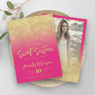 Classy Gold Hot Pink Glitzer Foto Sweet 16 Einladung