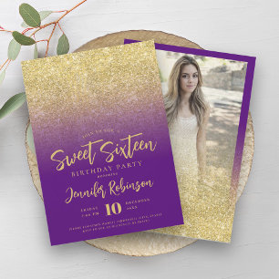 Classy Gold Lila Glitzer Foto Sweet 16 Einladung