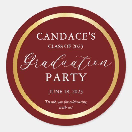 Classy Gold Minimalistisch Graduation Party Maroon Runder Aufkleber (Vorderseite)