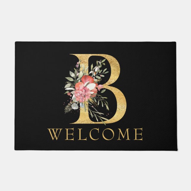 Classy Gold Monogram B mit Pink Florals Doormat Fußmatte (Vorderseite)